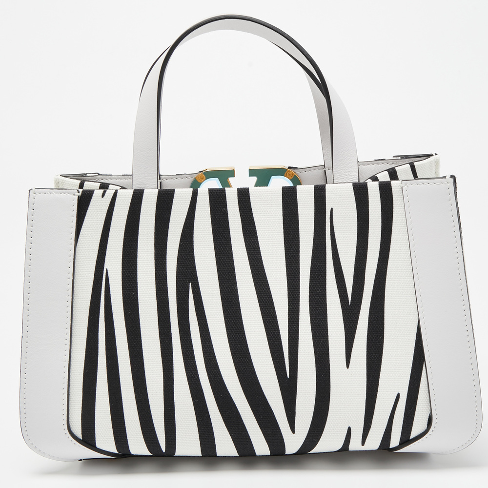 VALENTINO White/Black Zebra Print Canvas and Leather Small VLogo Tote - Picture 4 of 8
